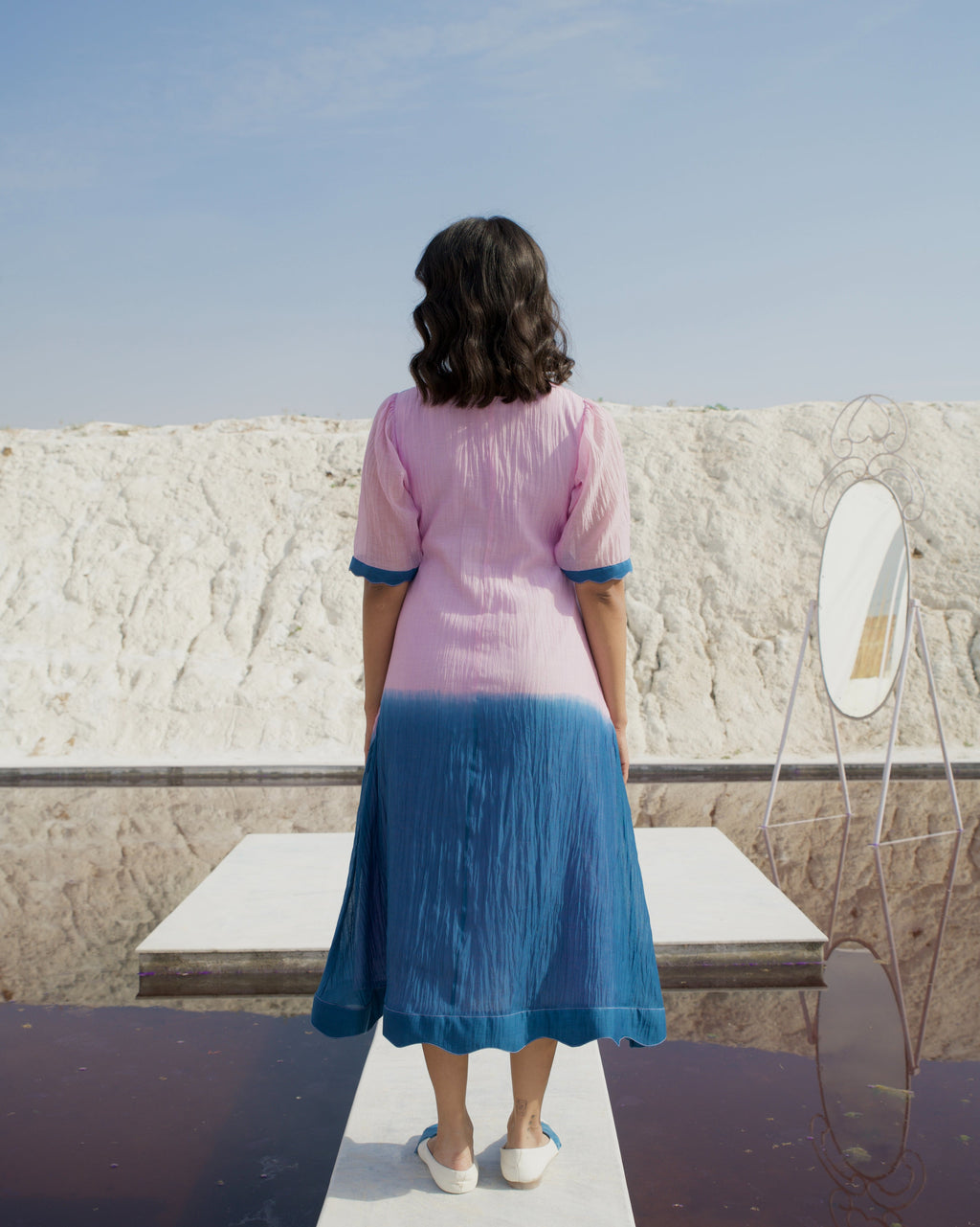 Blue Silk Midi Dress at Kamakhyaa by The Loom Art. This item is Aurora SS24, Best Selling, Blue, Casual Wear, Chanderi Silk, FB ADS JUNE, July Sale, July Sale 2023, Midi Dresses, Ombre & Dyes, Organic, Relaxed Fit, Womenswear