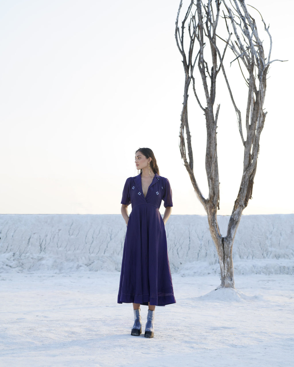 Blue Silk Midi Dress at Kamakhyaa by The Loom Art. This item is Aurora SS24, Blue, Casual Wear, Chanderi Silk, Embroidered, July Sale, July Sale 2023, Midi Dresses, Ombre & Dyes, Organic, Regular Fit, Solids, Womenswear