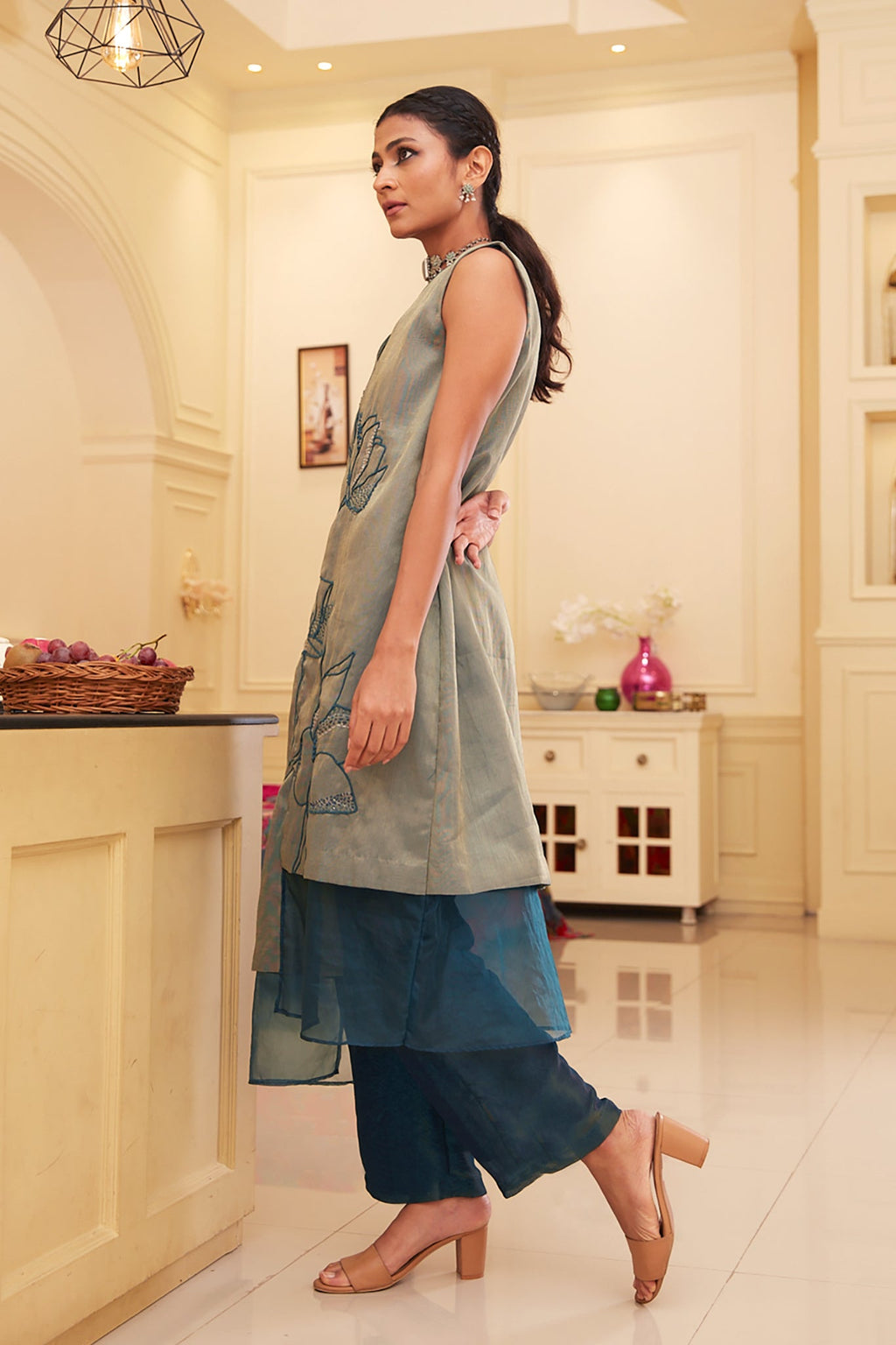 Blue Silk Organza Asymetrical Kurta Pant Set at Kamakhyaa by Chambray & Co.. This item is Blue, Chambray & Co, Embroidered, Indian Wear, Kurta Pant Sets, Natural, Organza, Party Wear, Regular Fit, Taabir, Womenswear