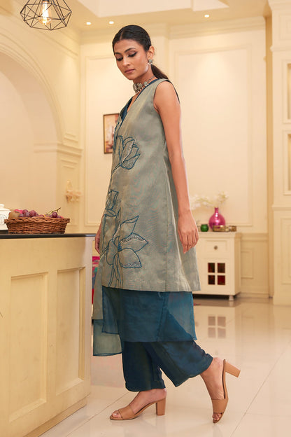Blue Silk Organza Asymetrical Kurta Pant Set at Kamakhyaa by Chambray & Co.. This item is Blue, Chambray & Co, Embroidered, Indian Wear, Kurta Pant Sets, Natural, Organza, Party Wear, Regular Fit, Taabir, Womenswear
