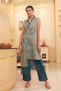 Blue Silk Organza Asymetrical Kurta Pant Set at Kamakhyaa by Chambray & Co.. This item is Blue, Chambray & Co, Embroidered, Indian Wear, Kurta Pant Sets, Natural, Organza, Party Wear, Regular Fit, Taabir, Womenswear