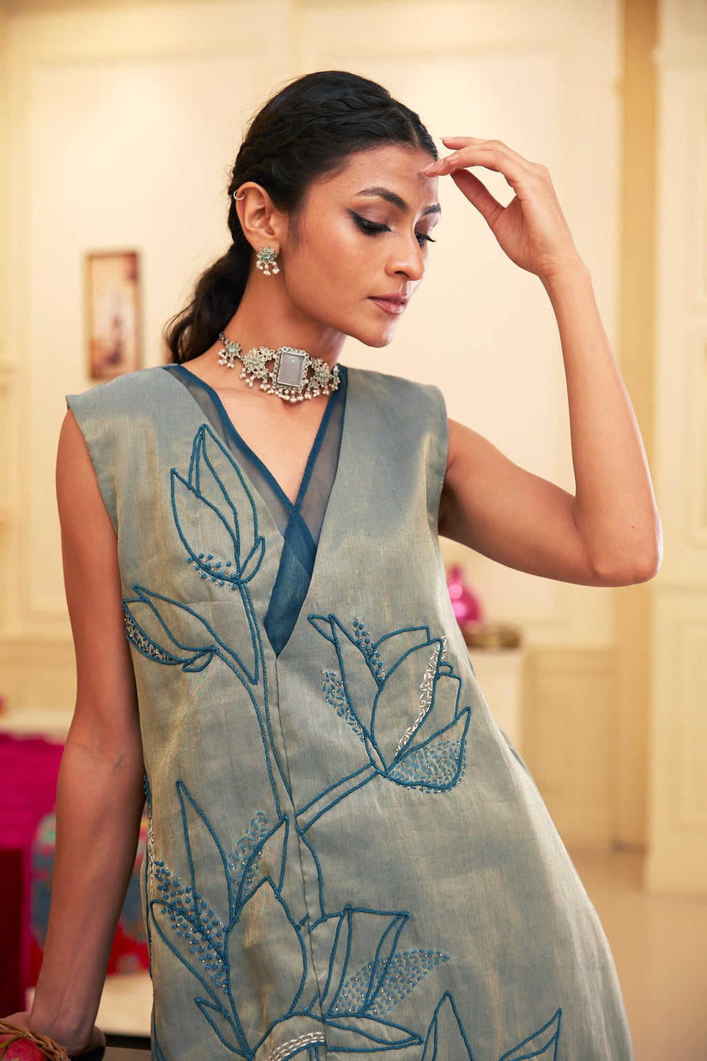 Blue Silk Organza Asymetrical Kurta Pant Set at Kamakhyaa by Chambray & Co.. This item is Blue, Chambray & Co, Embroidered, Indian Wear, Kurta Pant Sets, Natural, Organza, Party Wear, Regular Fit, Taabir, Womenswear