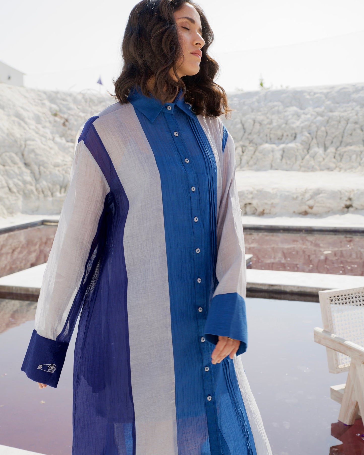 Blue Silk Shirt Dress at Kamakhyaa by The Loom Art. This item is Aurora SS24, Blue, Casual Wear, Chanderi Silk, July Sale, July Sale 2023, Loose Fit, Ombre & Dyes, Organic, Shirt Dresses, Womenswear