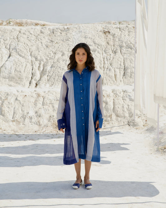 Blue Silk Shirt Dress at Kamakhyaa by The Loom Art. This item is Aurora SS24, Blue, Casual Wear, Chanderi Silk, July Sale, July Sale 2023, Loose Fit, Ombre & Dyes, Organic, Shirt Dresses, Womenswear