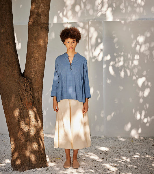 Blue Skies Top at Kamakhyaa by Khara Kapas. This item is Blouses, Blue, Casual Wear, Mul Cotton, Oh! Sussana Spring 2023, Organic, Regular Fit, Solids, Womenswear