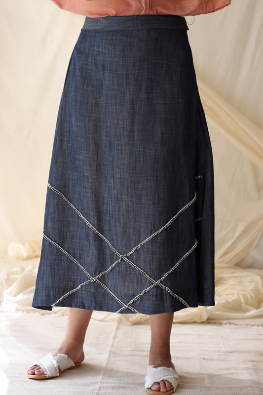 Blue Skirt Embroidered Denim at Kamakhyaa by Chambray & Co.. This item is Blue, Casual Wear, Cotton, Embroidered, Fitted At Waist, For Siblings, Midi Skirts, Natural, Skirts, Solids, Tencel, Womenswear