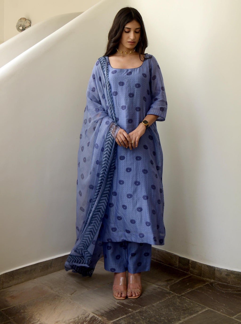 Blue Sleeveless Chiffon Kurta Set With Dupatta at Kamakhyaa by Taro. This item is Blue, Chiffon, Evening Wear, Gulzar Taro, Indian Wear, July Sale, July Sale 2023, Kurta Pant Sets, Kurta Set With Dupatta, Natural, Prints, Regular Fit, Womenswear