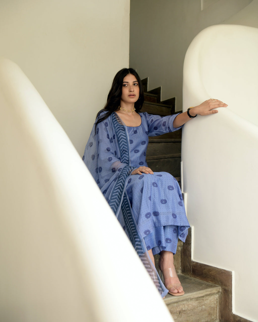 Blue Sleeveless Chiffon Kurta Set With Dupatta at Kamakhyaa by Taro. This item is Blue, Chiffon, Evening Wear, Gulzar Taro, Indian Wear, July Sale, July Sale 2023, Kurta Pant Sets, Kurta Set With Dupatta, Natural, Prints, Regular Fit, Womenswear