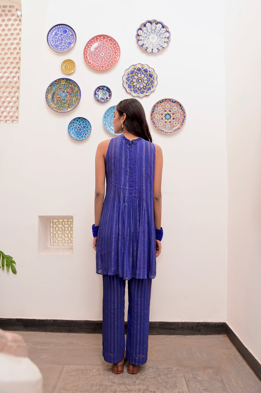 Blue Sleeveless Halter Co-ord set at Kamakhyaa by Taro. This item is Blue, Chaandi, Co-ord Sets, Cotton, Cotton Lurex, Crepe, Halter Neck Tops, Natural, Regular Fit, Silver, Sleeveless, Solids, Womenswear