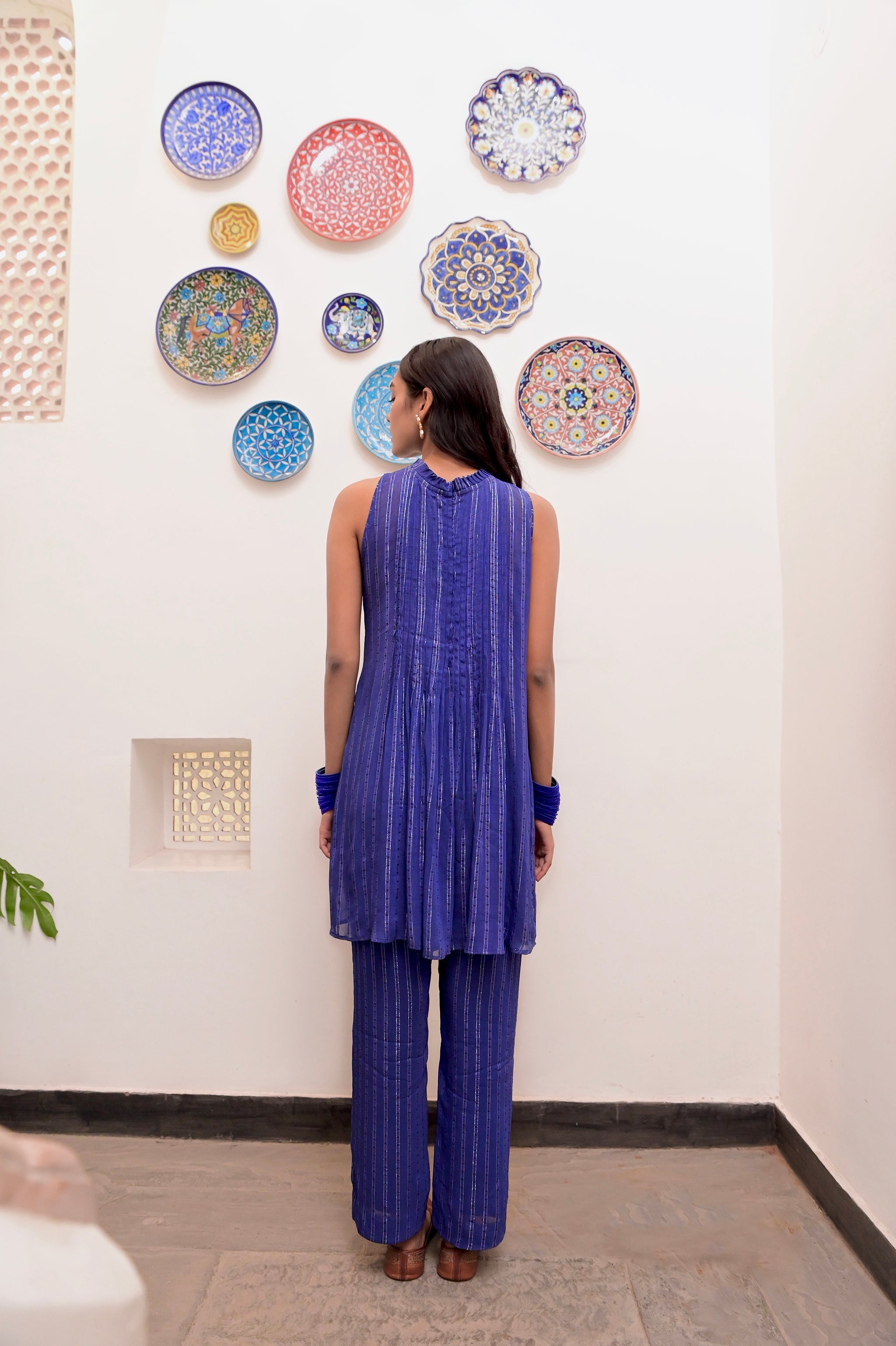 Blue Sleeveless Halter Co-ord set at Kamakhyaa by Taro. This item is Blue, Chaandi, Co-ord Sets, Cotton, Cotton Lurex, Crepe, Halter Neck Tops, Natural, Regular Fit, Silver, Sleeveless, Solids, Womenswear