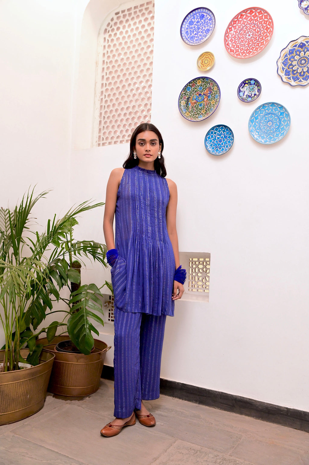 Blue Sleeveless Halter Co-ord set at Kamakhyaa by Taro. This item is Blue, Chaandi, Co-ord Sets, Cotton, Cotton Lurex, Crepe, Halter Neck Tops, Natural, Regular Fit, Silver, Sleeveless, Solids, Womenswear