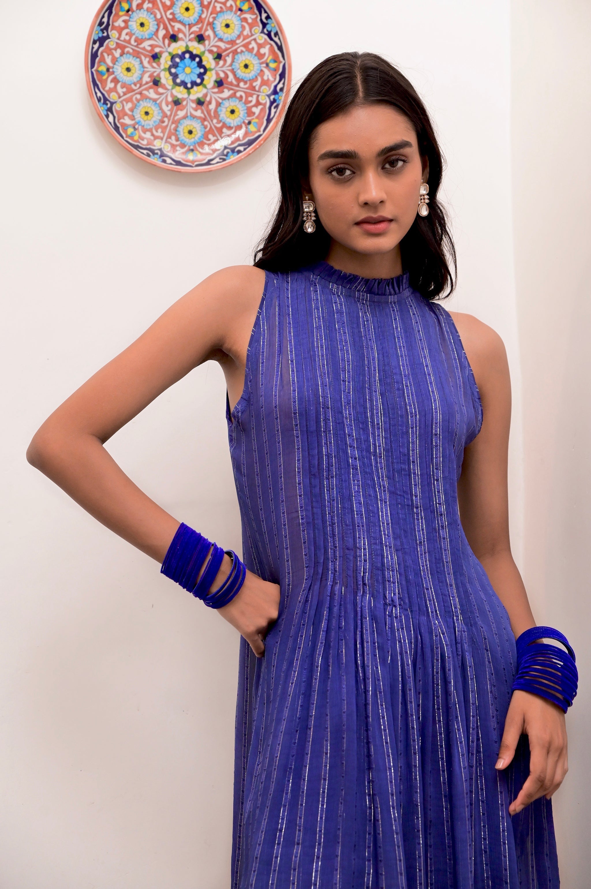 Blue Sleeveless Halter Co-ord set at Kamakhyaa by Taro. This item is Blue, Chaandi, Co-ord Sets, Cotton, Cotton Lurex, Crepe, Halter Neck Tops, Natural, Regular Fit, Silver, Sleeveless, Solids, Womenswear