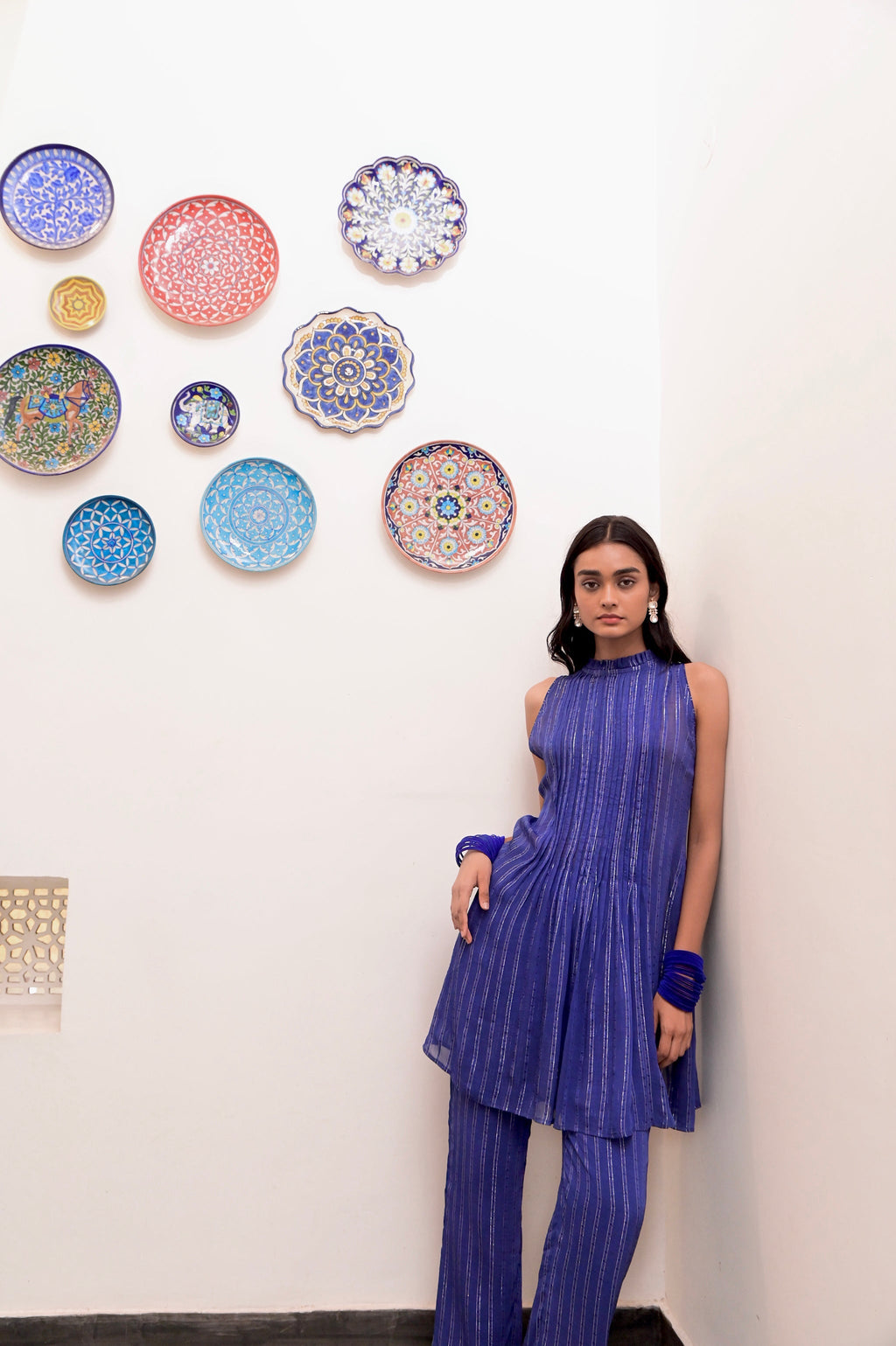 Blue Sleeveless Halter Co-ord set at Kamakhyaa by Taro. This item is Blue, Chaandi, Co-ord Sets, Cotton, Cotton Lurex, Crepe, Halter Neck Tops, Natural, Regular Fit, Silver, Sleeveless, Solids, Womenswear