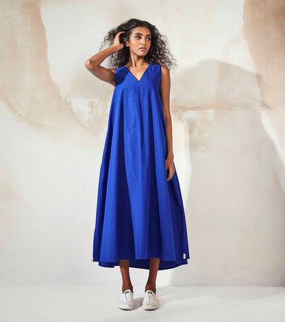 Blue Sleeveless Midi Dress at Kamakhyaa by Khara Kapas. This item is Blue, Endless Summer, For Birthday, Midi Dresses, Natural, Poplin, Regular Fit, Resort Wear, Sleeveless Dresses, Solids, Womenswear