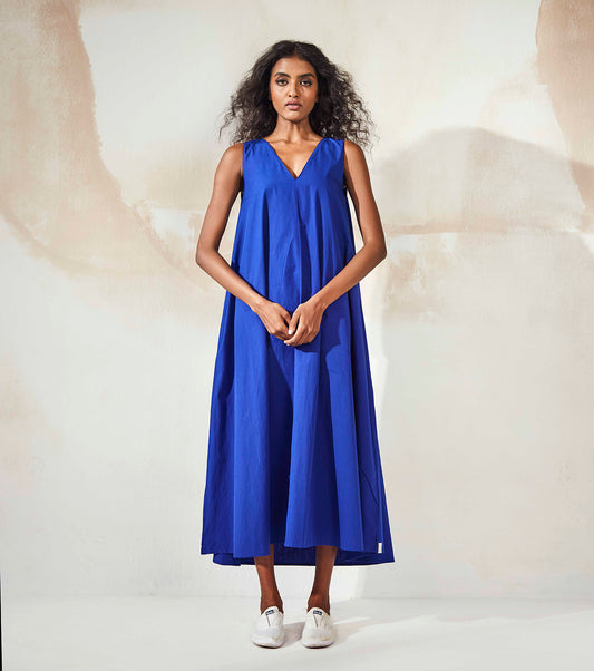 Blue Sleeveless Midi Dress at Kamakhyaa by Khara Kapas. This item is Blue, Endless Summer, For Birthday, Midi Dresses, Natural, Poplin, Regular Fit, Resort Wear, Sleeveless Dresses, Solids, Womenswear