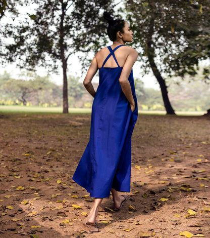 Blue Sleeveless Midi Dress at Kamakhyaa by Khara Kapas. This item is Blue, FB ADS JUNE, For Birthday, Lost & Found, Midi Dresses, Natural, Poplin, Regular Fit, Resort Wear, Sleeveless Dresses, Solid Selfmade, Solids, Womenswear