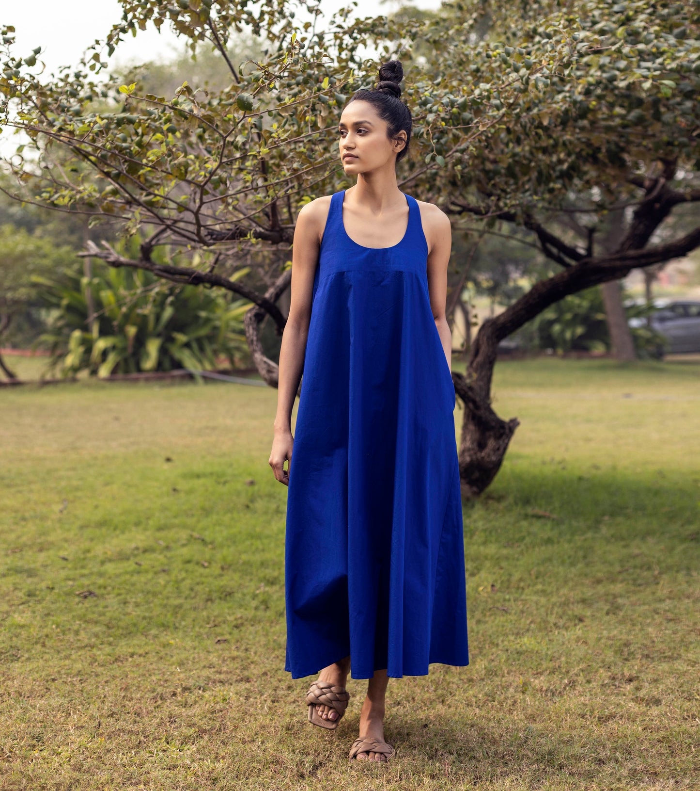 Blue Sleeveless Midi Dress at Kamakhyaa by Khara Kapas. This item is Blue, FB ADS JUNE, For Birthday, Lost & Found, Midi Dresses, Natural, Poplin, Regular Fit, Resort Wear, Sleeveless Dresses, Solid Selfmade, Solids, Womenswear