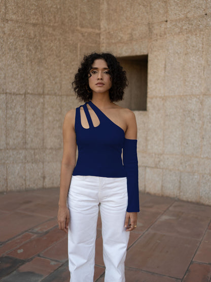 Blue Sleeveless Top at Kamakhyaa by Meko Studio. This item is Blue, Cotton, Evening Wear, July Sale, July Sale 2023, Lycra, One Shoulder Tops, Sleeveless Tops, Slim Fit, Solid Selfmade, Solids, Sourced from dead stock yarns, Tops, Tranquil AW-22/23, Womenswear
