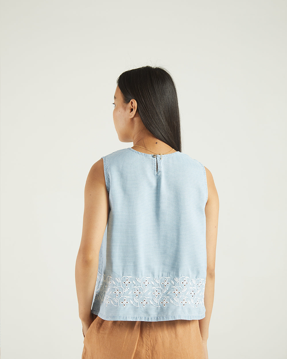 Blue Sleeveless Top at Kamakhyaa by Reistor. This item is Bemberg, Casual Wear, Natural, Regular Fit, Stripes, Tencel, Tops, Tunic Tops, Womenswear