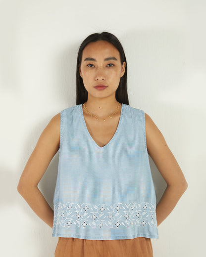 Blue Sleeveless Top at Kamakhyaa by Reistor. This item is Bemberg, Casual Wear, Natural, Regular Fit, Stripes, Tencel, Tops, Tunic Tops, Womenswear