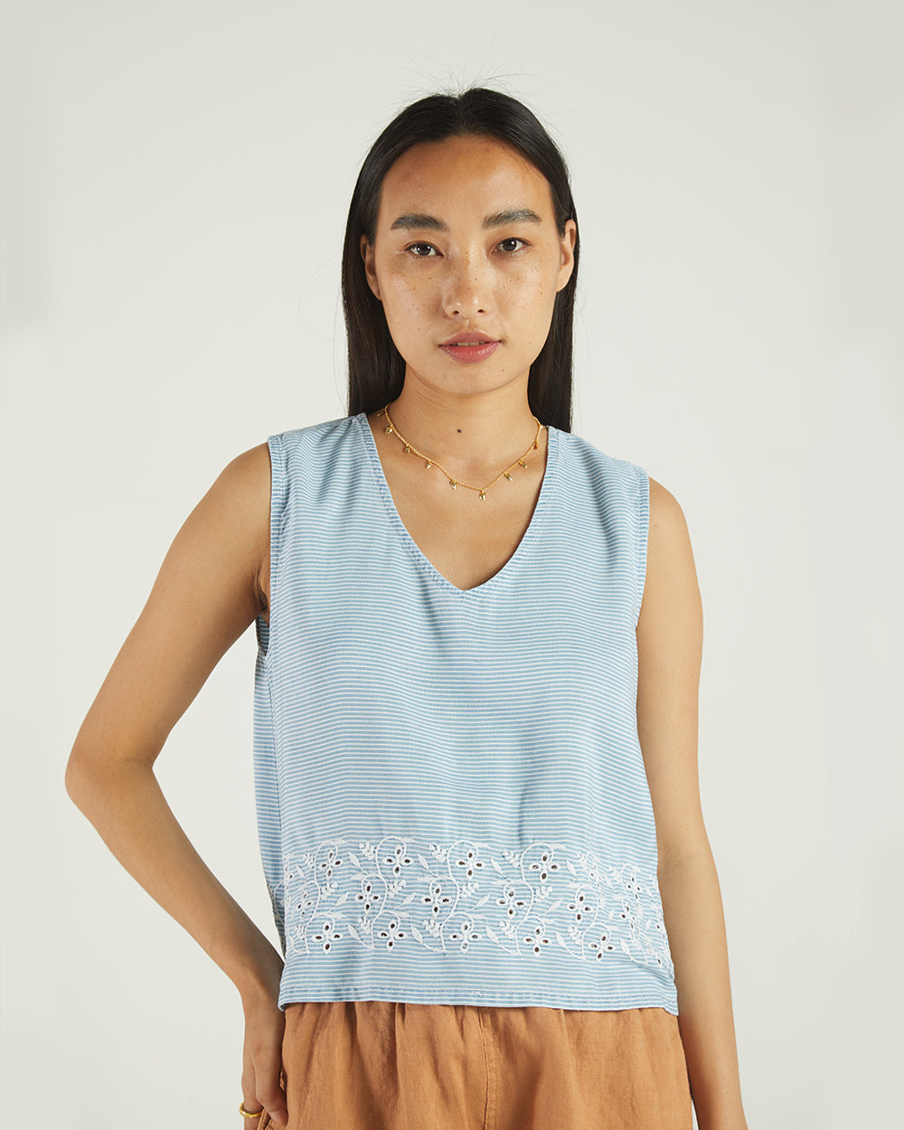 Blue Sleeveless Top at Kamakhyaa by Reistor. This item is Bemberg, Casual Wear, Natural, Regular Fit, Stripes, Tencel, Tops, Tunic Tops, Womenswear