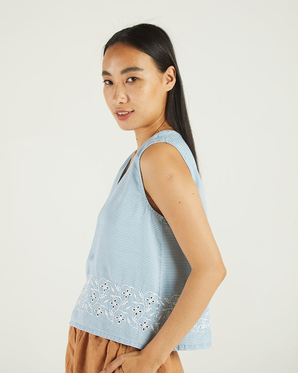 Blue Sleeveless Top at Kamakhyaa by Reistor. This item is Bemberg, Casual Wear, Natural, Regular Fit, Stripes, Tencel, Tops, Tunic Tops, Womenswear