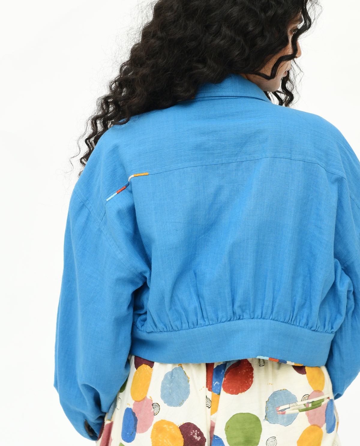 Blue Solid Cropped Jacket at Kamakhyaa by Rias Jaipur. This item is 100% Organic Cotton, Casual Wear, Handblock Printed, Handspun, Handwoven, Jackets, Prints, Relaxed Fit, Void, Womenswear