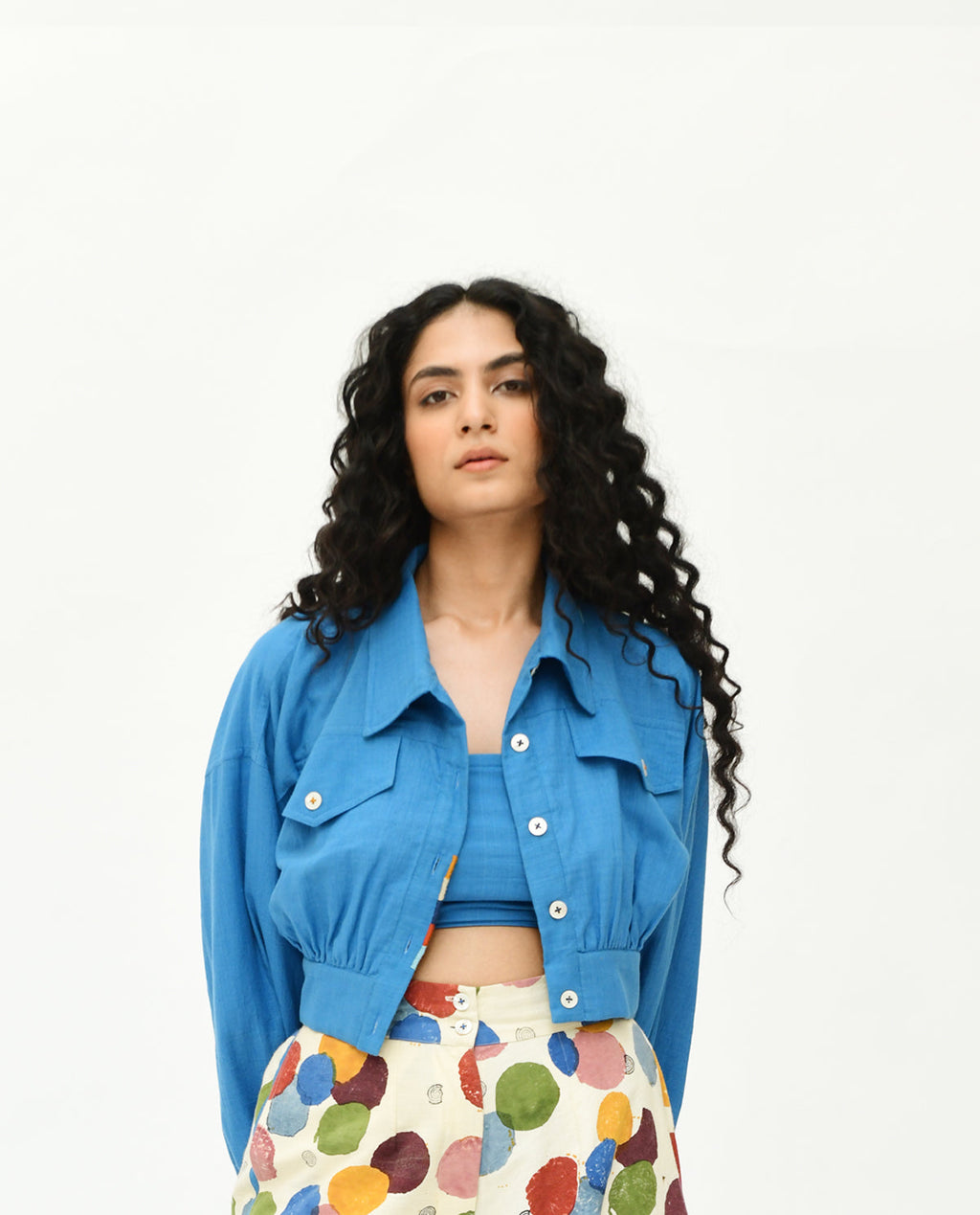 Blue Solid Cropped Jacket at Kamakhyaa by Rias Jaipur. This item is 100% Organic Cotton, Casual Wear, Handblock Printed, Handspun, Handwoven, Jackets, Prints, Relaxed Fit, Void, Womenswear