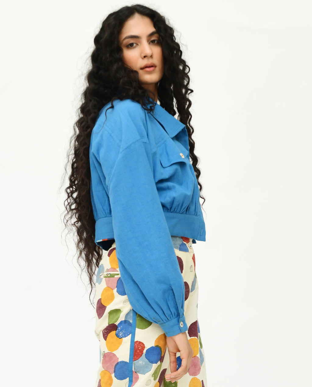 Blue Solid Cropped Jacket at Kamakhyaa by Rias Jaipur. This item is 100% Organic Cotton, Casual Wear, Handblock Printed, Handspun, Handwoven, Jackets, Prints, Relaxed Fit, Void, Womenswear