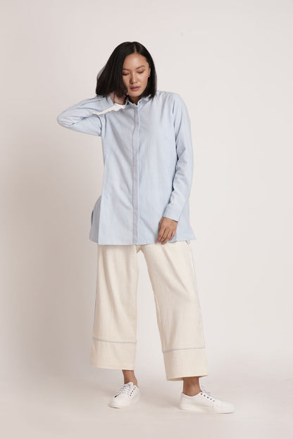 Blue Sora Beju Set at Kamakhyaa by Itya. This item is Blue, Co-ord Sets, Hand Spun Cotton, Handwoven cotton, Natural, Off-white, Office, Office Wear, Office Wear Co-ords, Pastel Perfect, Pastel Perfect by Itya, Plant Dye, Relaxed Fit, Solids, SS22, Womenswear