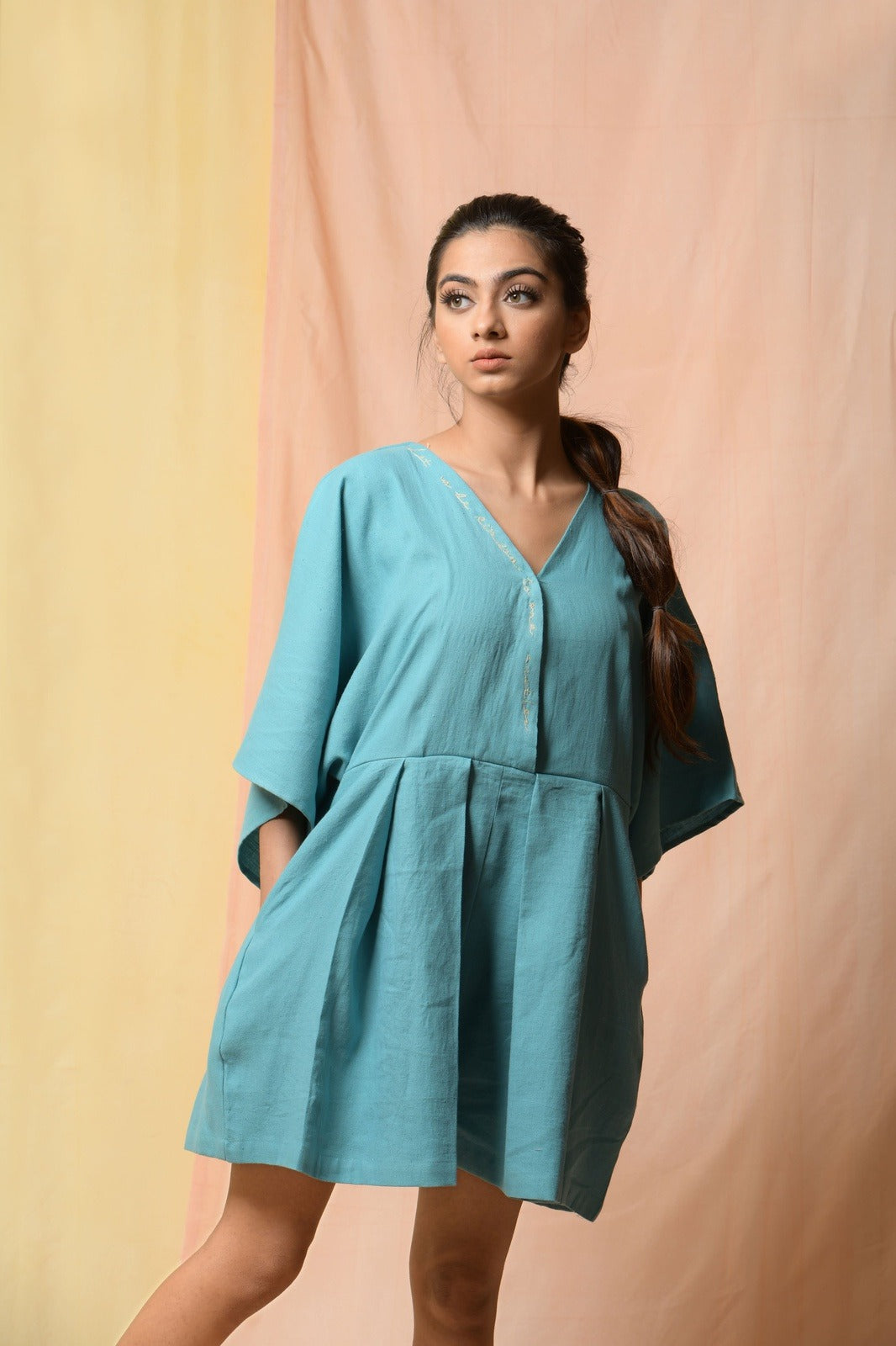 Blue Steel In Spirit Jumpsuit at Kamakhyaa by Niraa. This item is Blue, Cotton khadi, Evening Wear, Fitted At Waist, Jumpsuits, Natural with azo dyes, rompers, Solids, Tales of rippling brooks, Womenswear