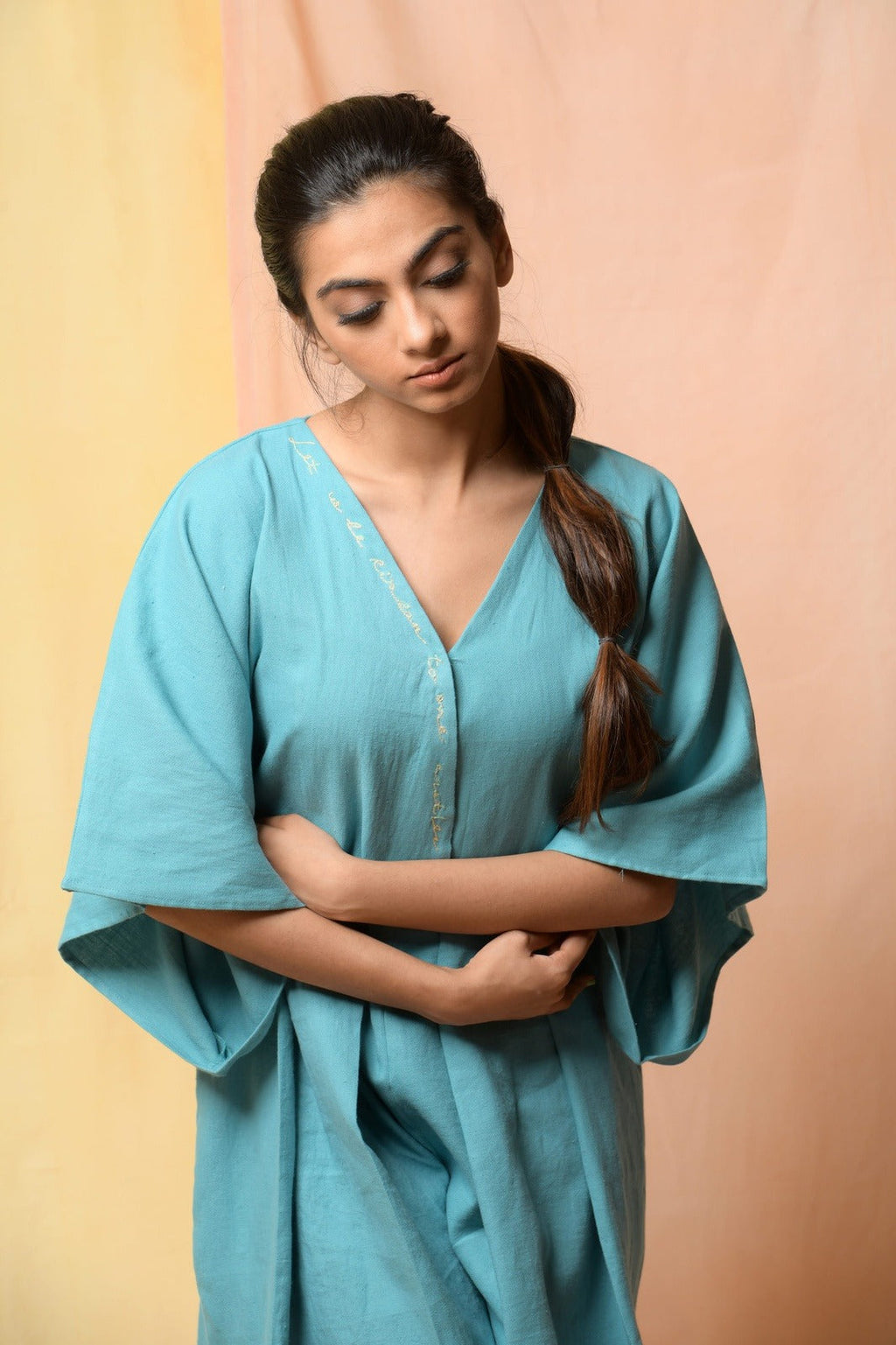 Blue Steel In Spirit Jumpsuit at Kamakhyaa by Niraa. This item is Blue, Cotton khadi, Evening Wear, Fitted At Waist, Jumpsuits, Natural with azo dyes, rompers, Solids, Tales of rippling brooks, Womenswear