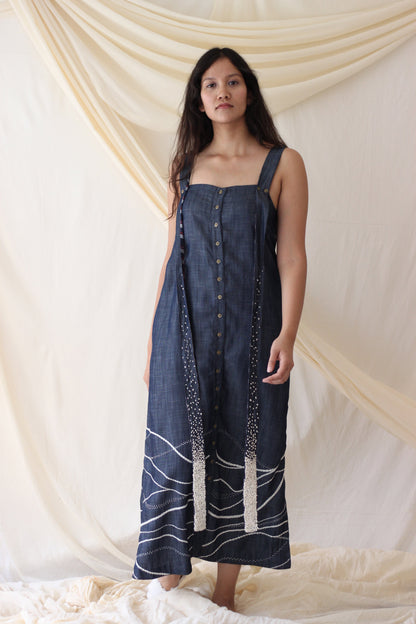 Blue Strap Embroidered Midi Dress at Kamakhyaa by Chambray & Co.. This item is Best Selling, Blue, Casual Wear, Cotton, Midi Dresses, Natural, Regular Fit, Solids, Tencel, Womenswear