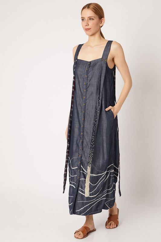Blue Strap Embroidered Midi Dress at Kamakhyaa by Chambray & Co.. This item is Best Selling, Blue, Casual Wear, Cotton, Midi Dresses, Natural, Regular Fit, Solids, Tencel, Womenswear