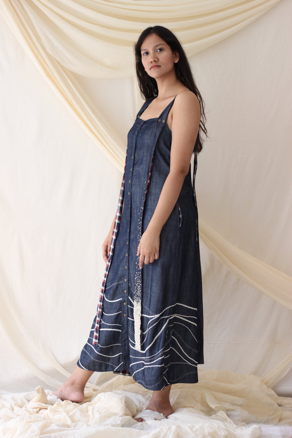 Blue Strap Embroidered Midi Dress at Kamakhyaa by Chambray & Co.. This item is Best Selling, Blue, Casual Wear, Cotton, Midi Dresses, Natural, Regular Fit, Solids, Tencel, Womenswear