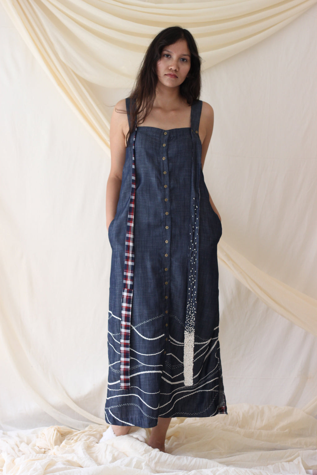 Blue Strap Embroidered Midi Dress at Kamakhyaa by Chambray & Co.. This item is Best Selling, Blue, Casual Wear, Cotton, Midi Dresses, Natural, Regular Fit, Solids, Tencel, Womenswear