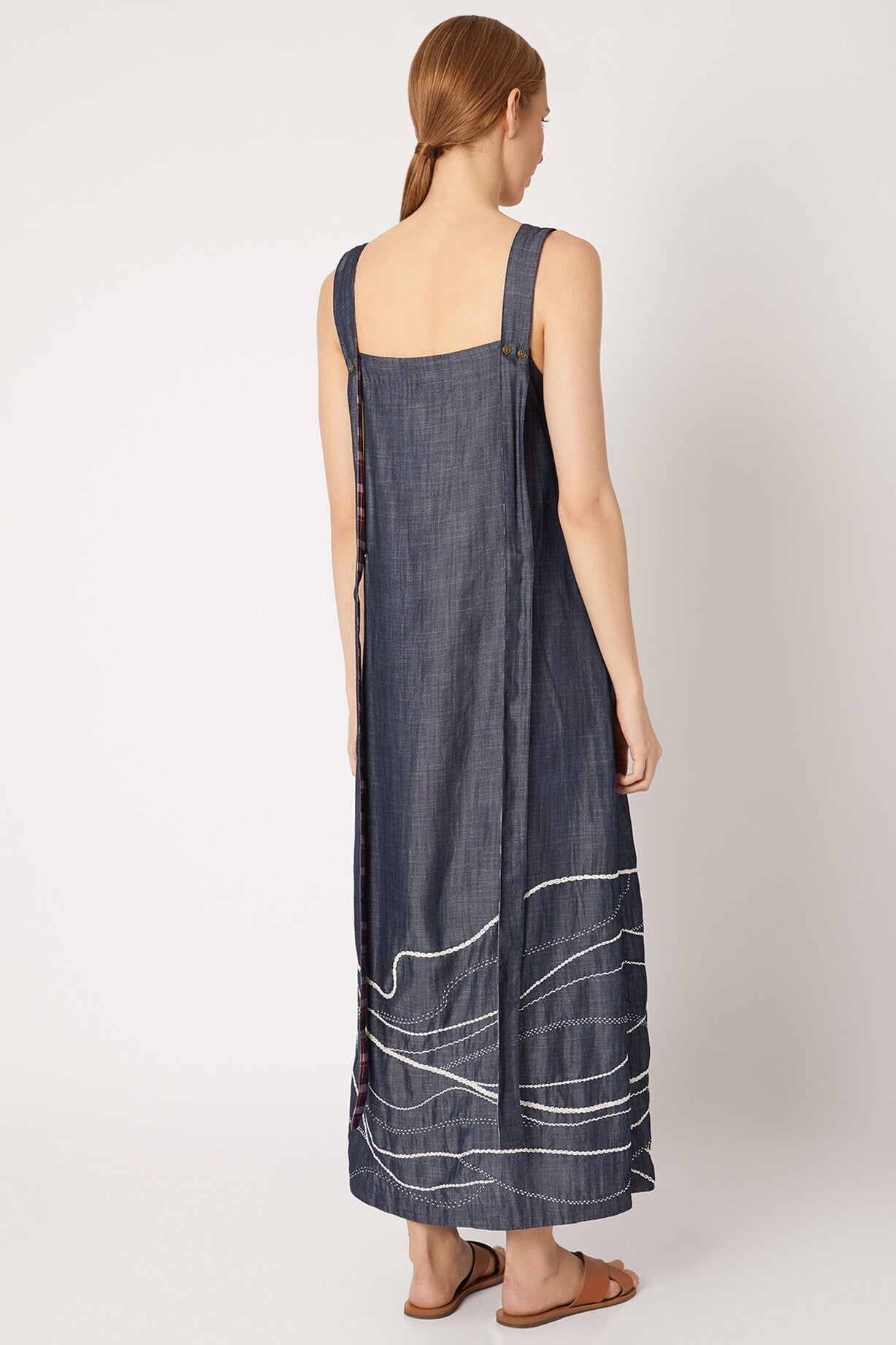 Blue Strap Embroidered Midi Dress at Kamakhyaa by Chambray & Co.. This item is Best Selling, Blue, Casual Wear, Cotton, Midi Dresses, Natural, Regular Fit, Solids, Tencel, Womenswear