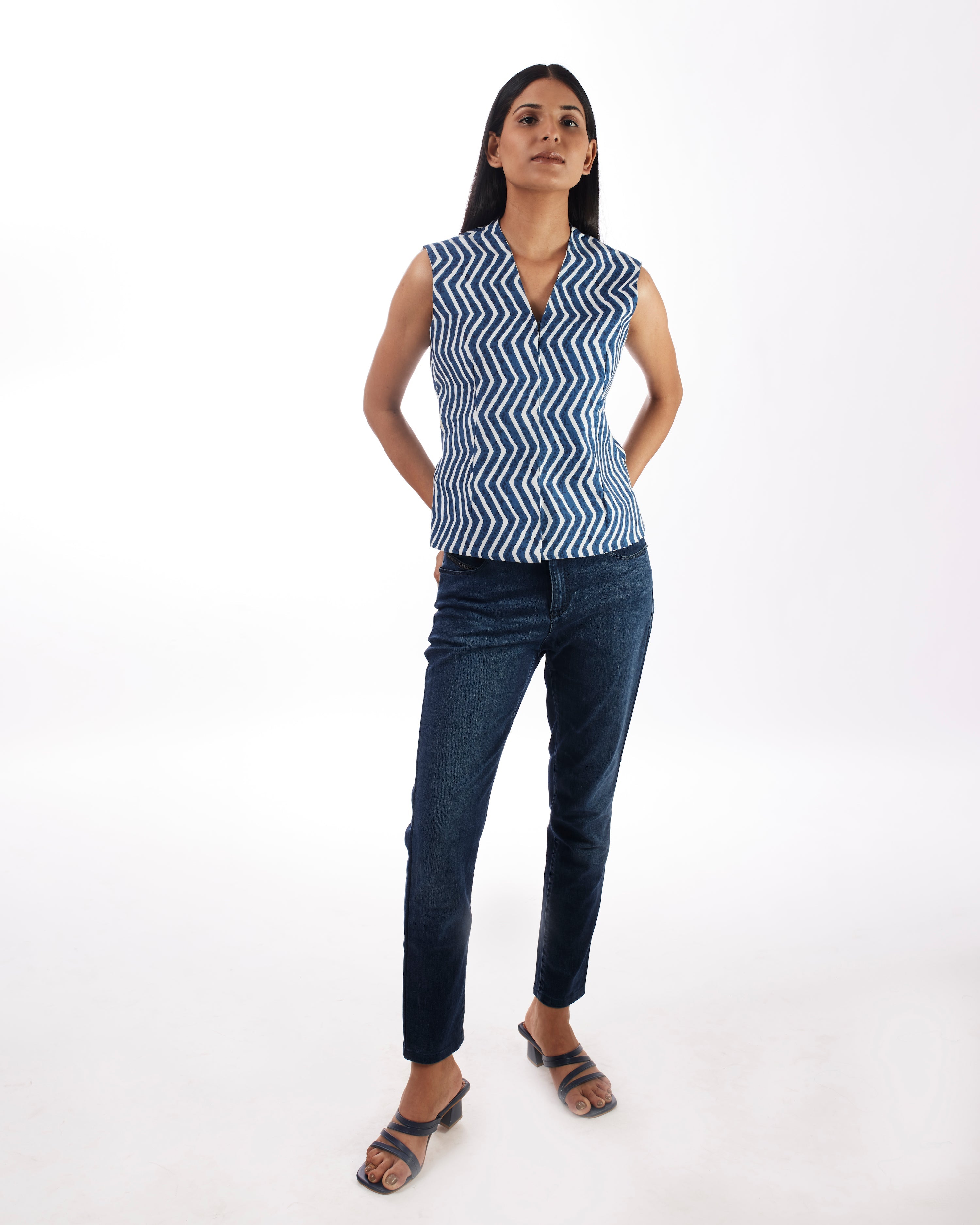 Blue Striped Printed Jacket at Kamakhyaa by Kamakhyaa. This item is 100% pure cotton, Blue, Casual Wear, Jackets, KKYSS, Natural, Prints, Relaxed Fit, Summer Sutra, Womenswear