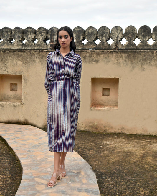 Blue Striped Shirt Dress at Kamakhyaa by Taro. This item is Azo Free Dyes, Blue, Casual Wear, Chanderi Silk, For Anniversary, Garden Of Dreams, July Sale, July Sale 2023, Regular Fit, Shirt Dresses, Stripes, Womenswear