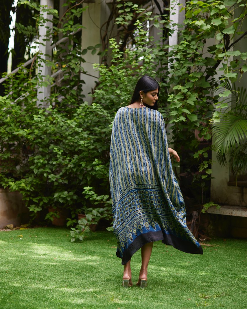 Blue Striped Silk Kaftan at Kamakhyaa by Mayura Kumar. This item is Ajrakh Heritage, Blue, Casual Wear, Dresses, Festive Wear, Kaftans, Mayura Kumar, Modal Silk, Prints, Relaxed Fit, Womenswear