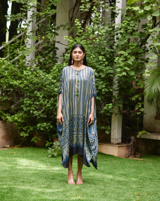 Blue Striped Silk Kaftan at Kamakhyaa by Mayura Kumar. This item is Ajrakh Heritage, Blue, Casual Wear, Dresses, Festive Wear, Kaftans, Mayura Kumar, Modal Silk, Prints, Relaxed Fit, Womenswear