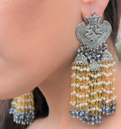 Blue Stud Earrings Genda at Kamakhyaa by House Of Heer. This item is Alloy Metal, Blue, Festive Jewellery, Festive Wear, Free Size, jewelry, July Sale, July Sale 2023, Long Earrings, Natural, Pearl, Solids, Textured