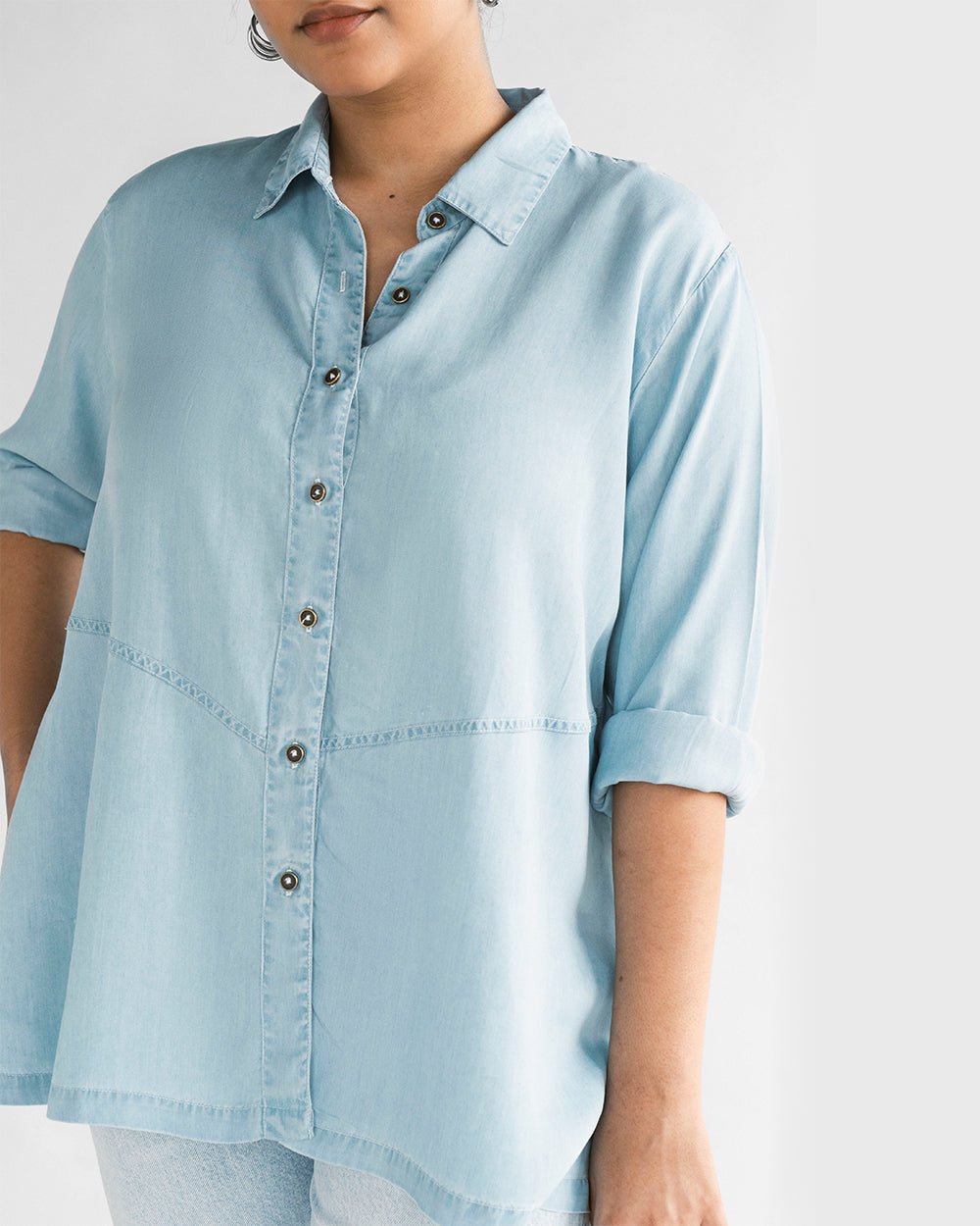 Blue Tencel Classic Shirt at Kamakhyaa by Reistor. This item is Blue, Denim, Natural, Office Wear, Regular Fit, Shirts, Solids, Tencel, Tops, Womenswear