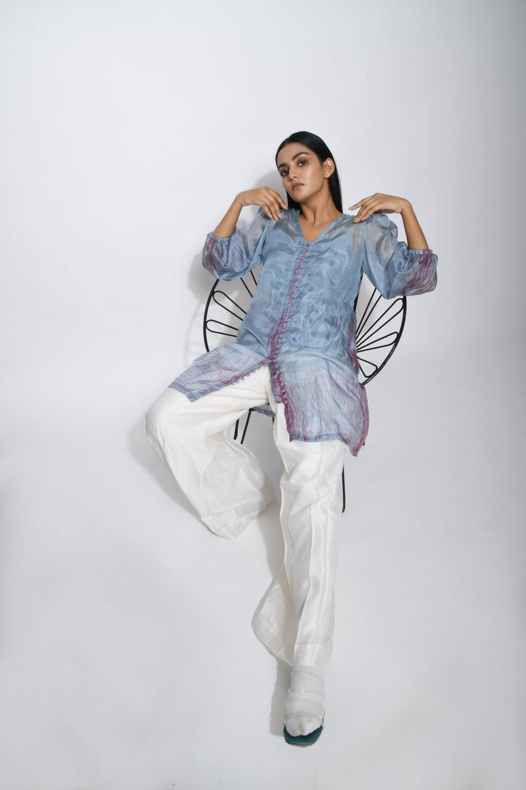Blue Textured Shirt at Kamakhyaa by The Loom Art. This item is Between the Lines, Blue, Handwoven silk, July Sale, July Sale 2023, Natural, Ombre & Dyes, Party Wear, Regular Fit, Shirts, Solids, Tops, Womenswear