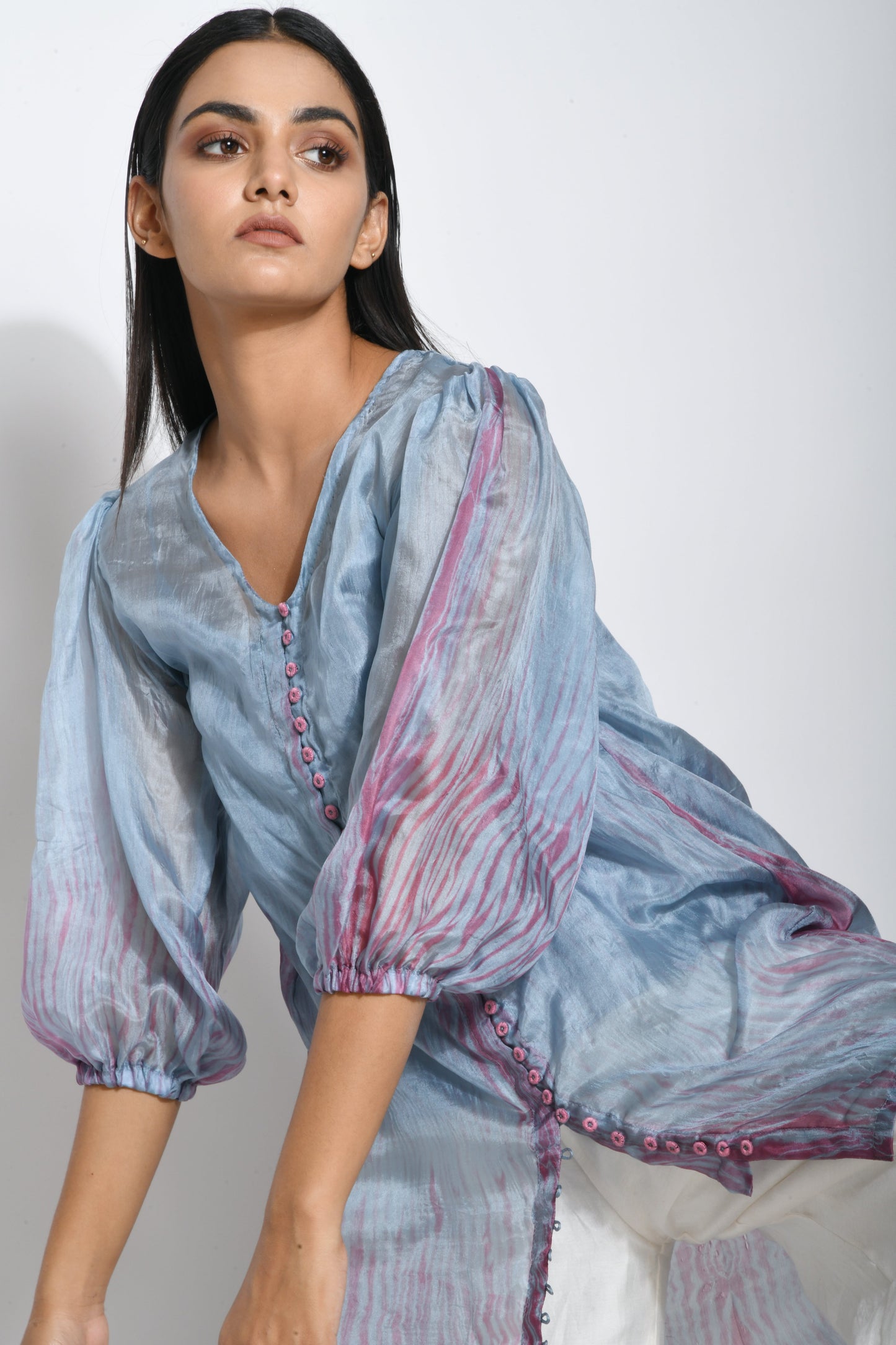 Blue Textured Shirt at Kamakhyaa by The Loom Art. This item is Between the Lines, Blue, Handwoven silk, July Sale, July Sale 2023, Natural, Ombre & Dyes, Party Wear, Regular Fit, Shirts, Solids, Tops, Womenswear