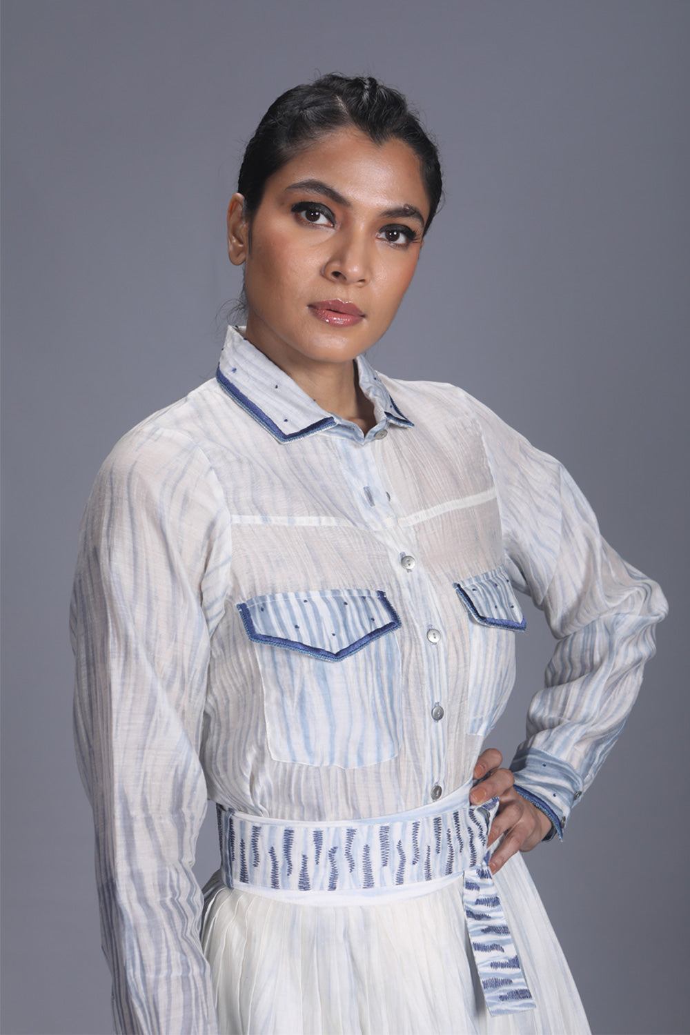 Blue Textured Silk Shirt at Kamakhyaa by The Loom Art. This item is Between the Lines, Blue, Chanderi Silk, July Sale, July Sale 2023, missing, Natural, Party Wear, Regular Fit, Shirts, Solids, Tops, Womenswear
