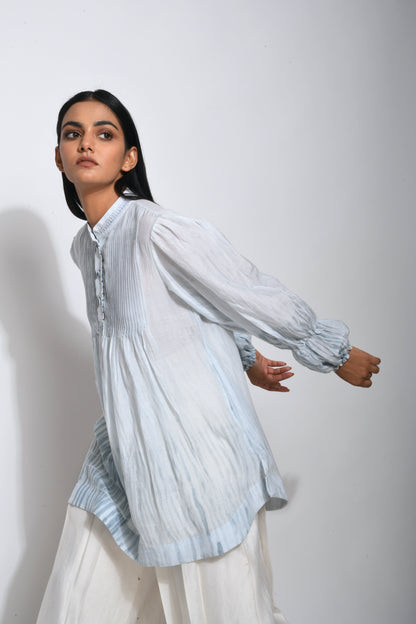 Blue Textured Top at Kamakhyaa by The Loom Art. This item is Best Selling, Between the Lines, Blue, For Mother, For Mother W, Handwoven cotton silk, July Sale, July Sale 2023, Natural, Party Wear, Regular Fit, Solids, Tops, Tunic Tops, Womenswear