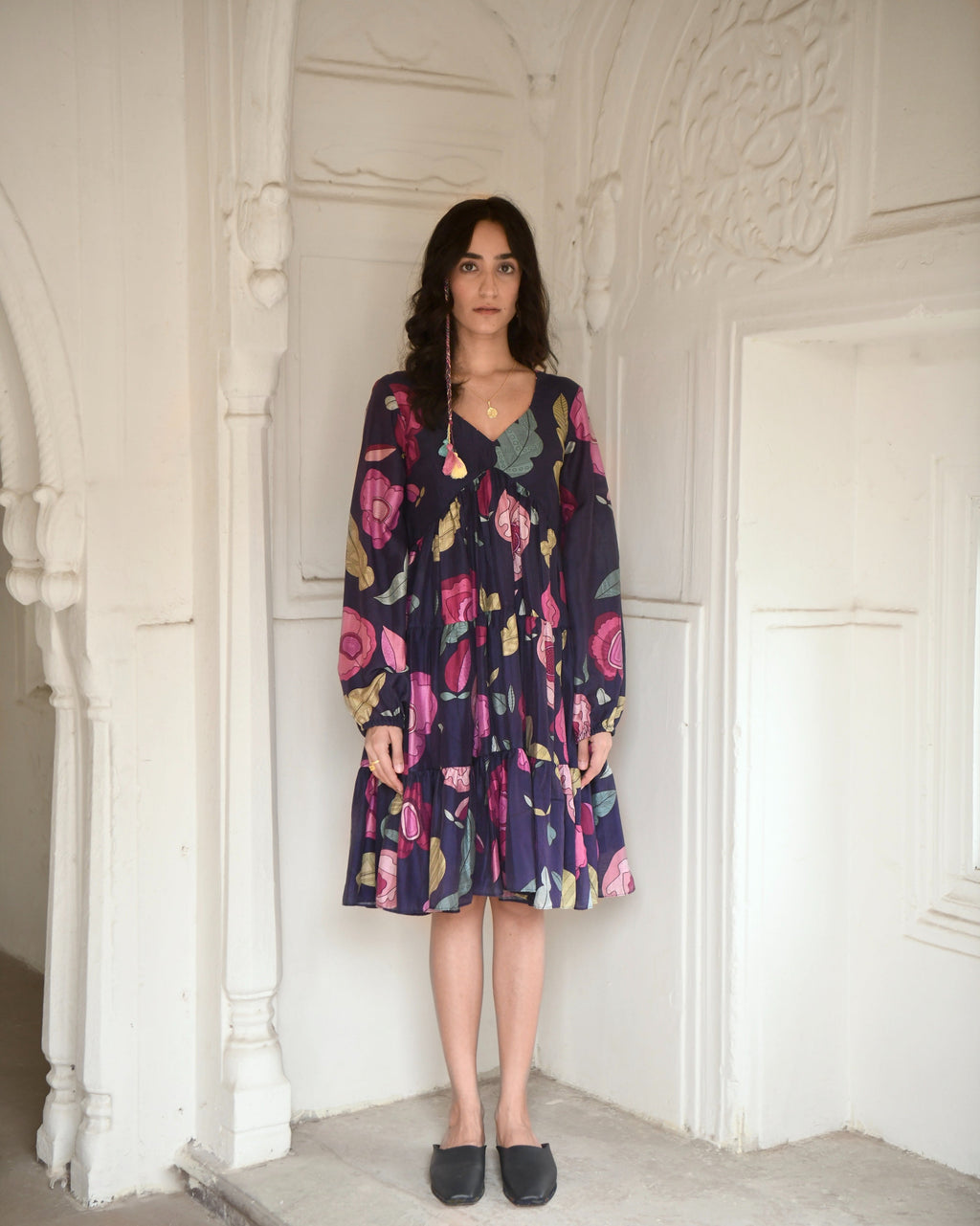 Blue Tiered Dress at Kamakhyaa by Taro. This item is Azo Free Dyes, Best Selling, Blue, Chanderi Silk, Evening Wear, FB ADS JUNE, For Anniversary, Garden Of Dreams, July Sale, July Sale 2023, Midi Dresses, Prints, Relaxed Fit, Tiered Dresses, Womenswear