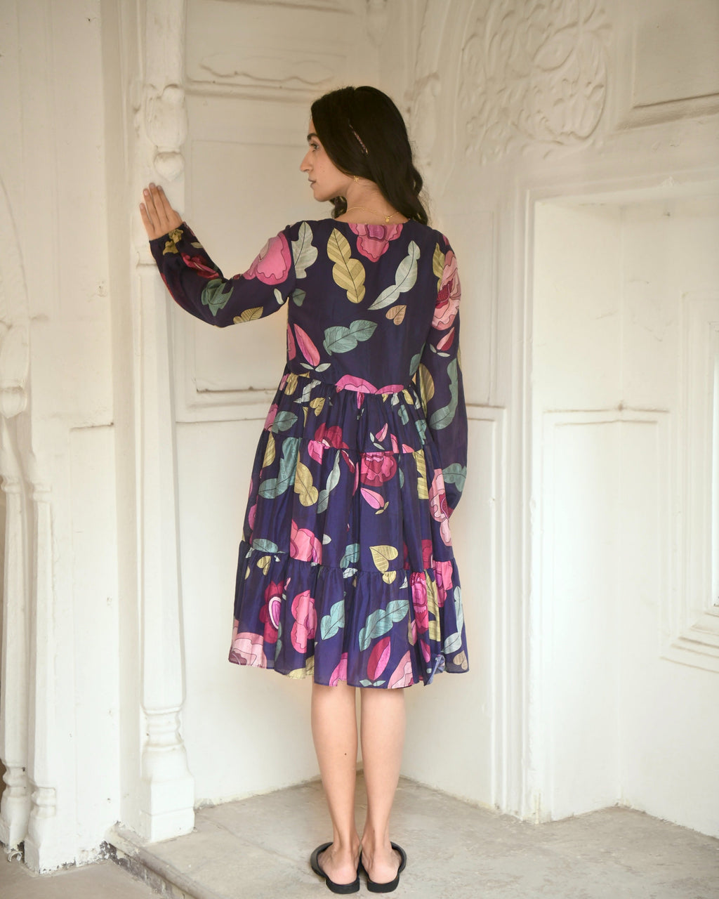 Blue Tiered Dress at Kamakhyaa by Taro. This item is Azo Free Dyes, Best Selling, Blue, Chanderi Silk, Evening Wear, FB ADS JUNE, For Anniversary, Garden Of Dreams, July Sale, July Sale 2023, Midi Dresses, Prints, Relaxed Fit, Tiered Dresses, Womenswear