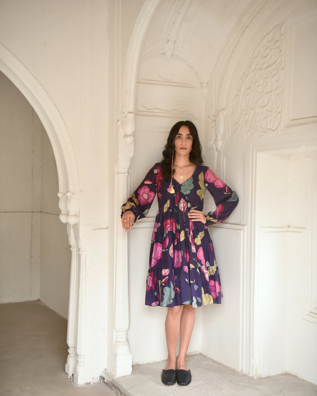 Blue Tiered Dress at Kamakhyaa by Taro. This item is Azo Free Dyes, Best Selling, Blue, Chanderi Silk, Evening Wear, FB ADS JUNE, For Anniversary, Garden Of Dreams, July Sale, July Sale 2023, Midi Dresses, Prints, Relaxed Fit, Tiered Dresses, Womenswear